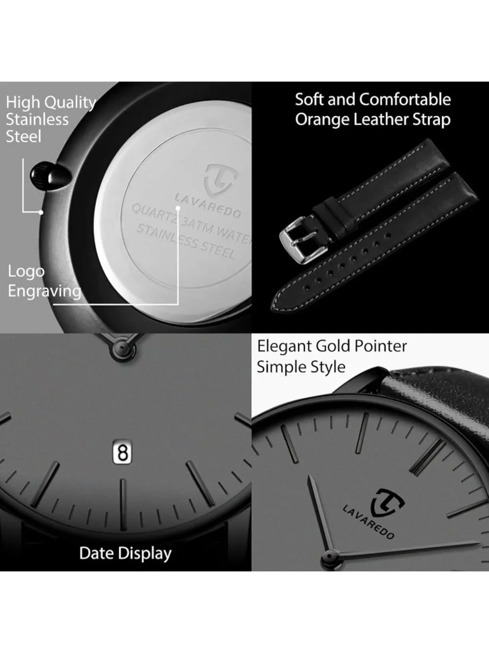 Mens Black Grey Leather Strap Analog Minimalist Fashion Simple Round Wrist Watch
